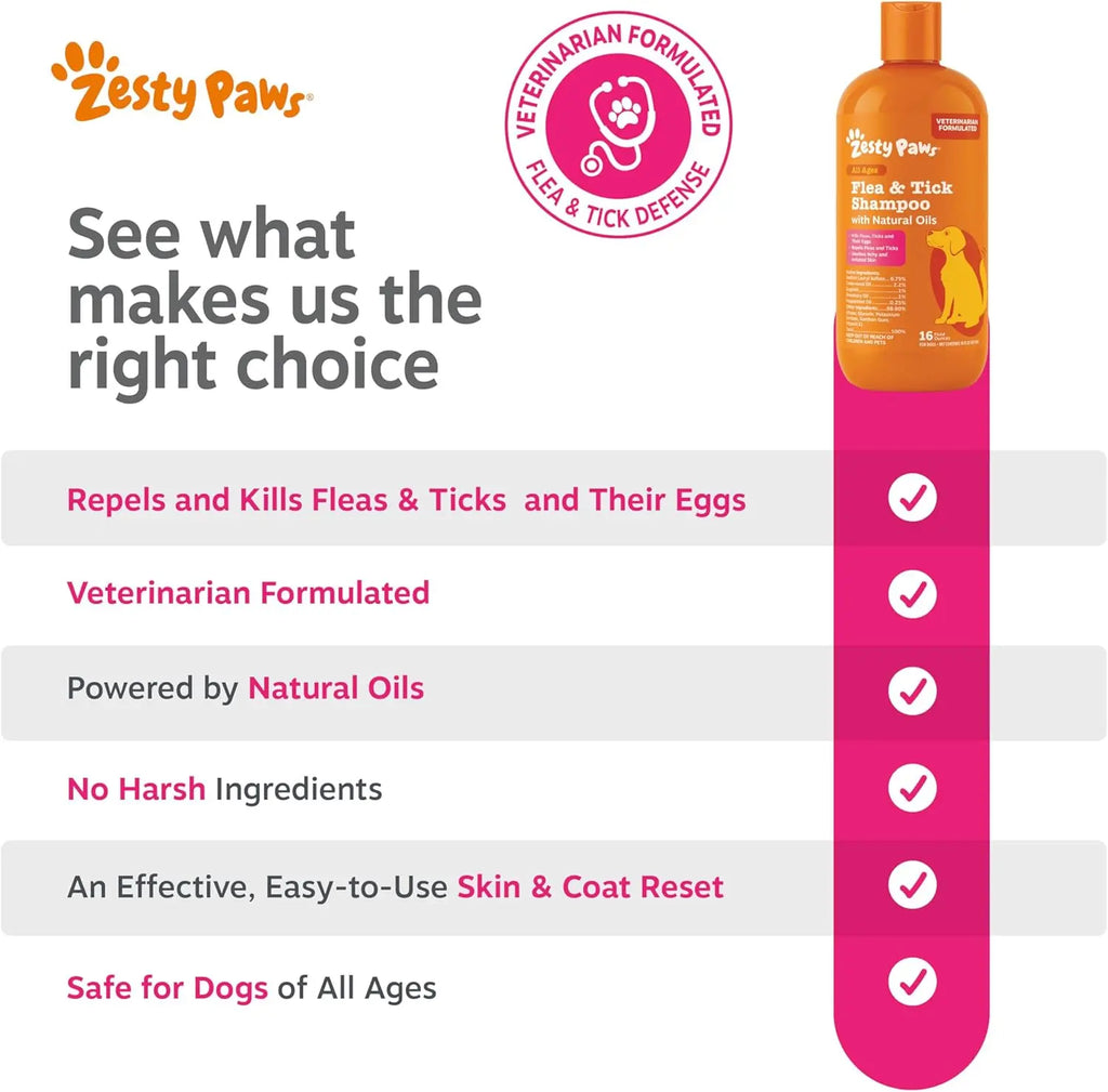 Transform Bath Time into Bliss with Zesty Paws Natural Flea and Tick Removal Shampoo for Dogs - 16 Fl Oz of Soothing Cedarwood and Peppermint Formula for Healthy Skin and Coat