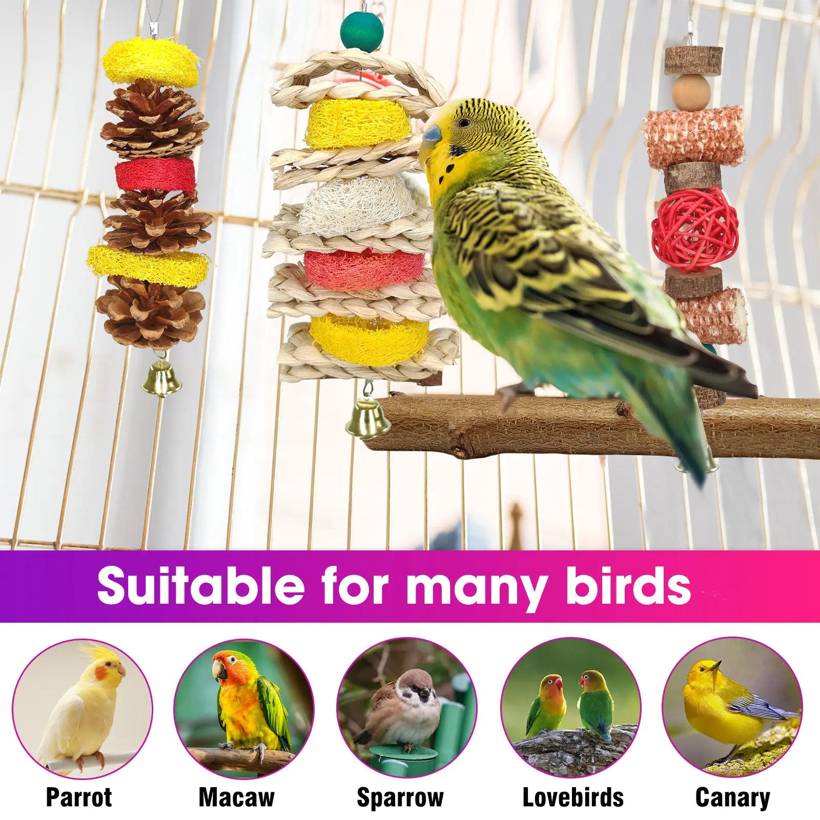 7 Pcs Natural Wood Bird Toy & Perch for Parakeets, Cockatiel & Lovebird, Budgie Play Accessory for Small Parrots Indoor Cage