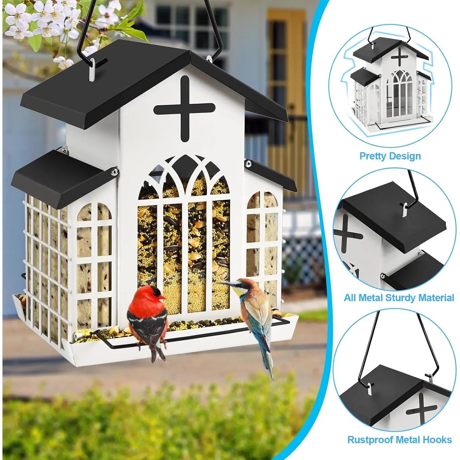 Wildpark 5LB Church Metal Hanging Bird Feeder for Outdoors, Weatherproof Suet Feeders for outside Hanging, Large Bird Feeders Great for Attracting Finch, Woodpecker and More Wild Birds-White