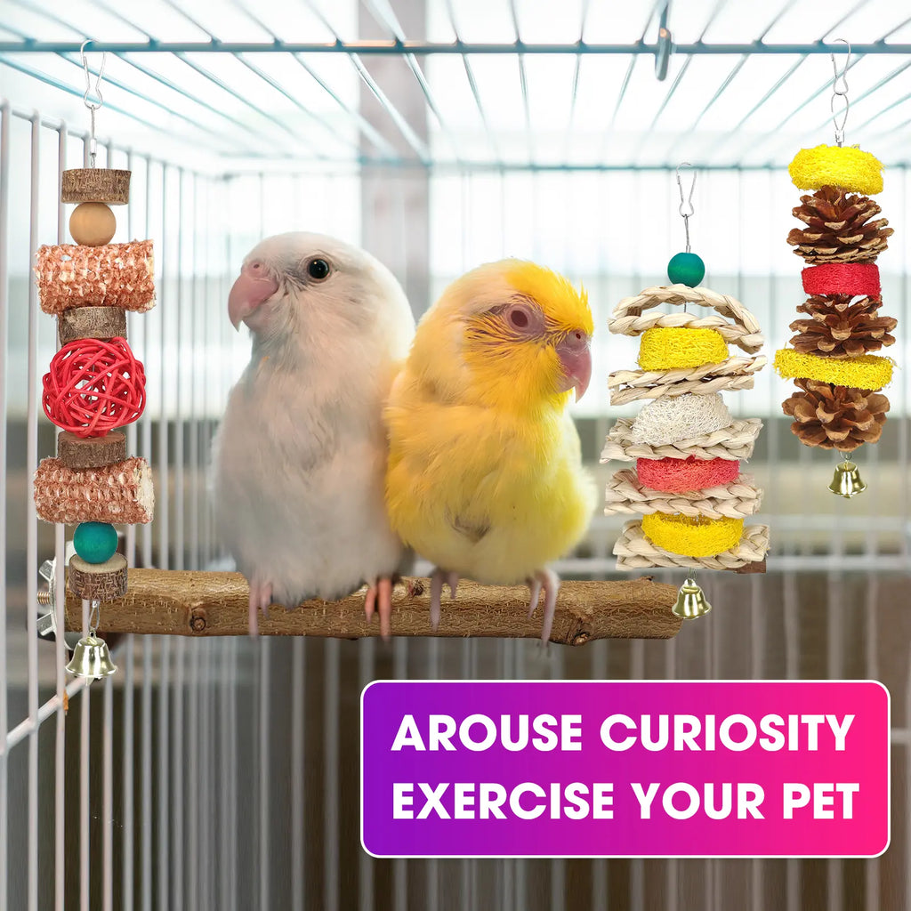 7 Pcs Natural Wood Bird Toy & Perch for Parakeets, Cockatiel & Lovebird, Budgie Play Accessory for Small Parrots Indoor Cage