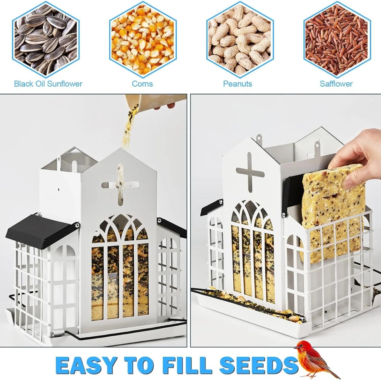 Wildpark 5LB Church Metal Hanging Bird Feeder for Outdoors, Weatherproof Suet Feeders for outside Hanging, Large Bird Feeders Great for Attracting Finch, Woodpecker and More Wild Birds-White