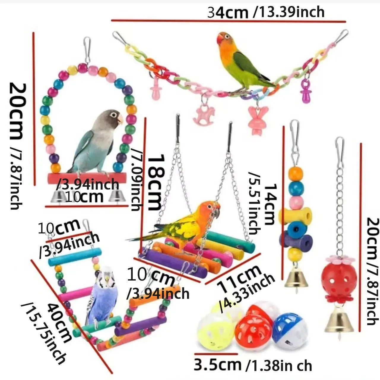 Bird Toy Set, 11Pcs/Set Colorful Bird Toy, Bird Chew Toy, Bird Swing Toy, Bird Cage Toy, Pet Supplies for Parrot, Cockatiel, Parakeet, Lovebird