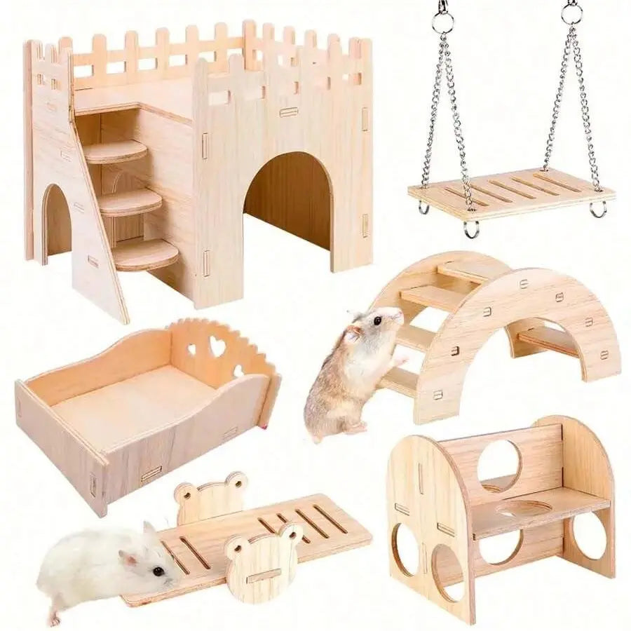 Delightful Wooden Hamster Toy House Swing and Teeter-Totter Set - Perfect for Dwarf Hamsters, Sandhamsters, and Mice!