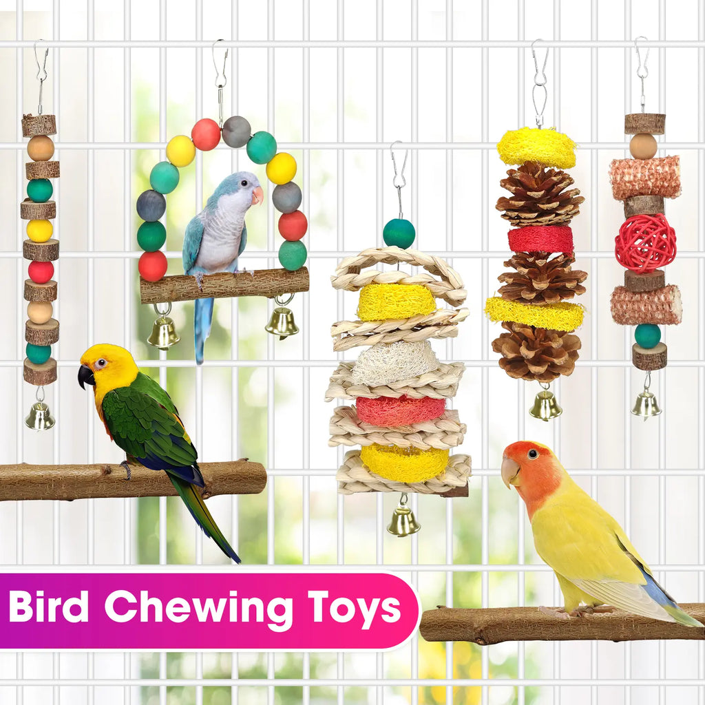 7 Pcs Natural Wood Bird Toy & Perch for Parakeets, Cockatiel & Lovebird, Budgie Play Accessory for Small Parrots Indoor Cage