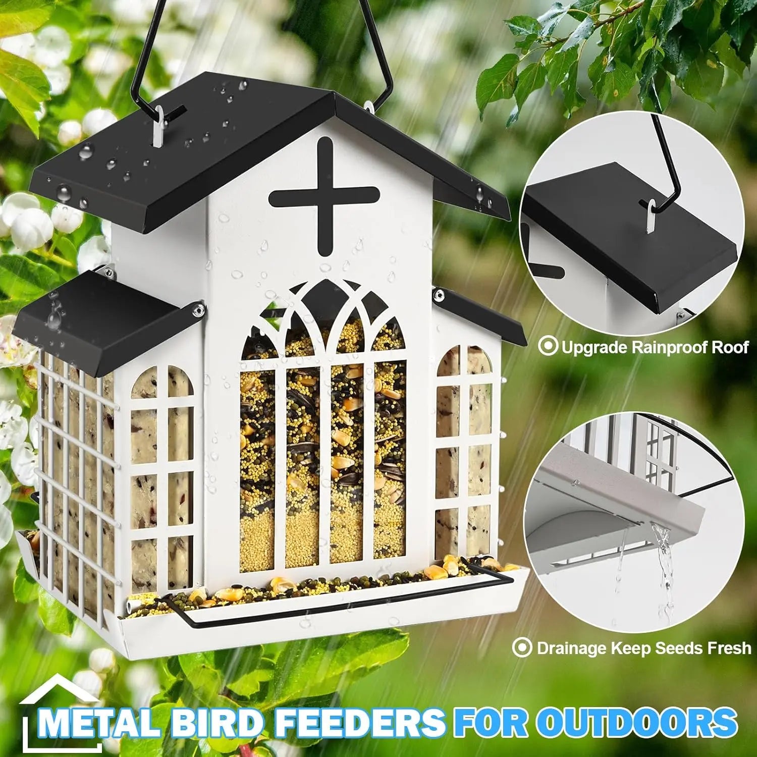 Wildpark 5LB Church Metal Hanging Bird Feeder for Outdoors, Weatherproof Suet Feeders for outside Hanging, Large Bird Feeders Great for Attracting Finch, Woodpecker and More Wild Birds-White