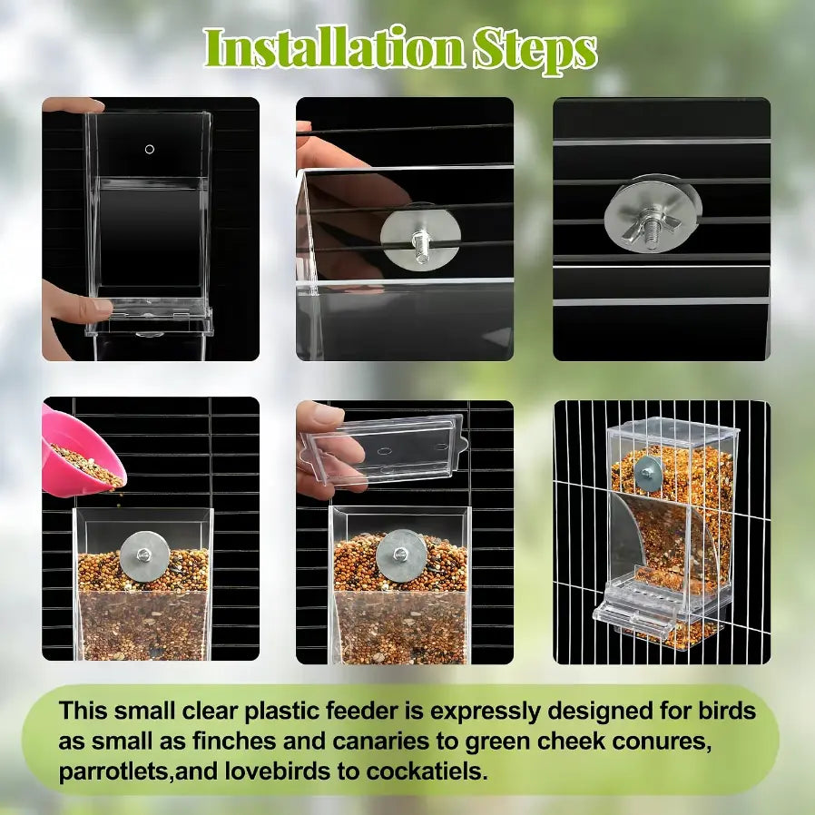 【Summbervibes】Bird Feeder Parrot No Mess No Drill Automatic Cage Feeder Dispenser Clear Seed Container for Small Medium Birds Parakeet Cockatiel Canary Lovebird Conure Cockatoo Transparent Material Easy Installation High Cost-Effective for Bird Lovers