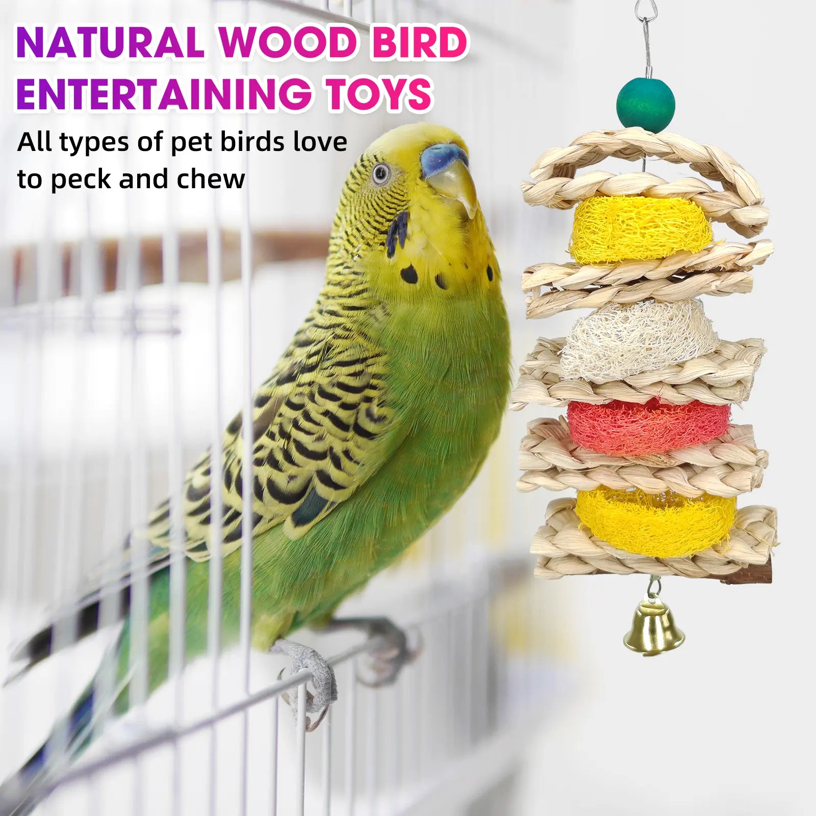 7 Pcs Natural Wood Bird Toy & Perch for Parakeets, Cockatiel & Lovebird, Budgie Play Accessory for Small Parrots Indoor Cage