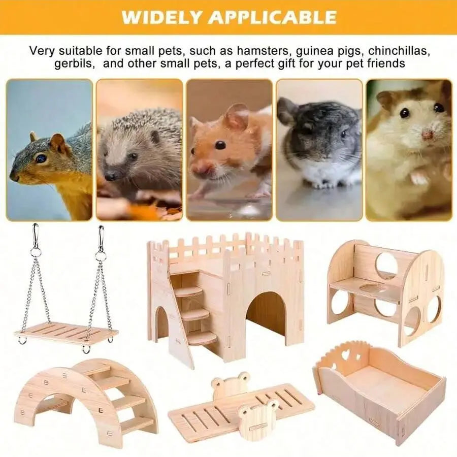 Delightful Wooden Hamster Toy House Swing and Teeter-Totter Set - Perfect for Dwarf Hamsters, Sandhamsters, and Mice!