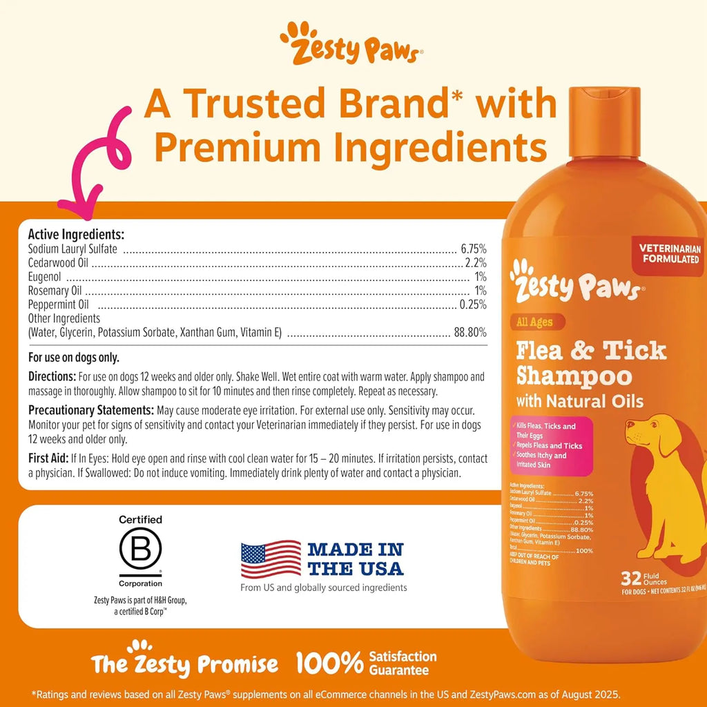 Transform Bath Time into Bliss with Zesty Paws Natural Flea and Tick Removal Shampoo for Dogs - 16 Fl Oz of Soothing Cedarwood and Peppermint Formula for Healthy Skin and Coat