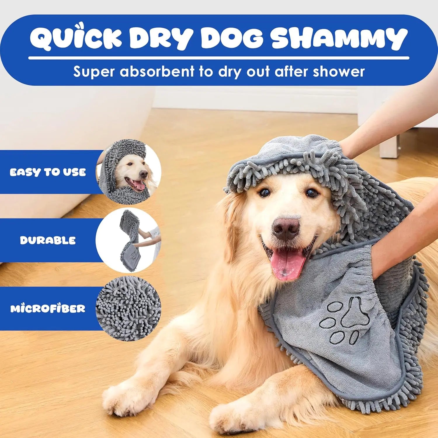 Ultra-Absorbent Microfiber Dog Towel with Hand Pockets – Quick Drying & Machine Washable for Medium to Large Dogs (30 x 13)