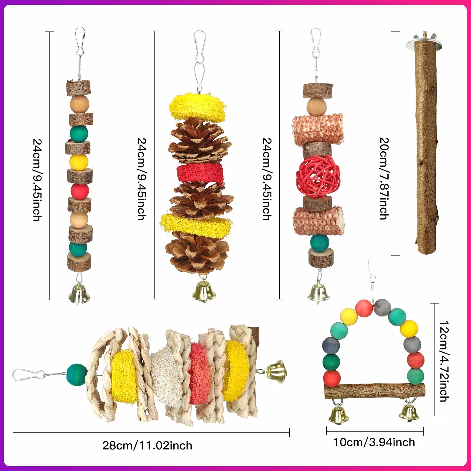 7 Pcs Natural Wood Bird Toy & Perch for Parakeets, Cockatiel & Lovebird, Budgie Play Accessory for Small Parrots Indoor Cage