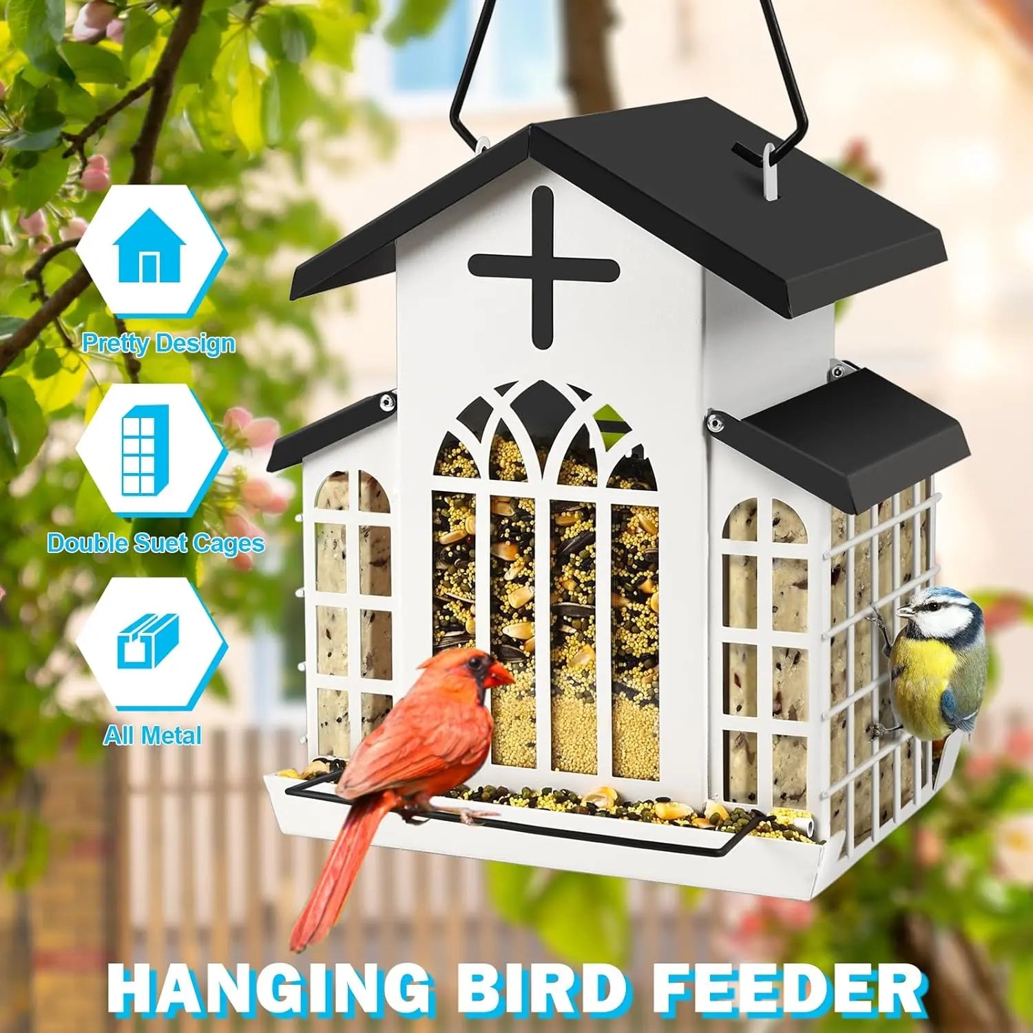 Wildpark 5LB Church Metal Hanging Bird Feeder for Outdoors, Weatherproof Suet Feeders for outside Hanging, Large Bird Feeders Great for Attracting Finch, Woodpecker and More Wild Birds-White