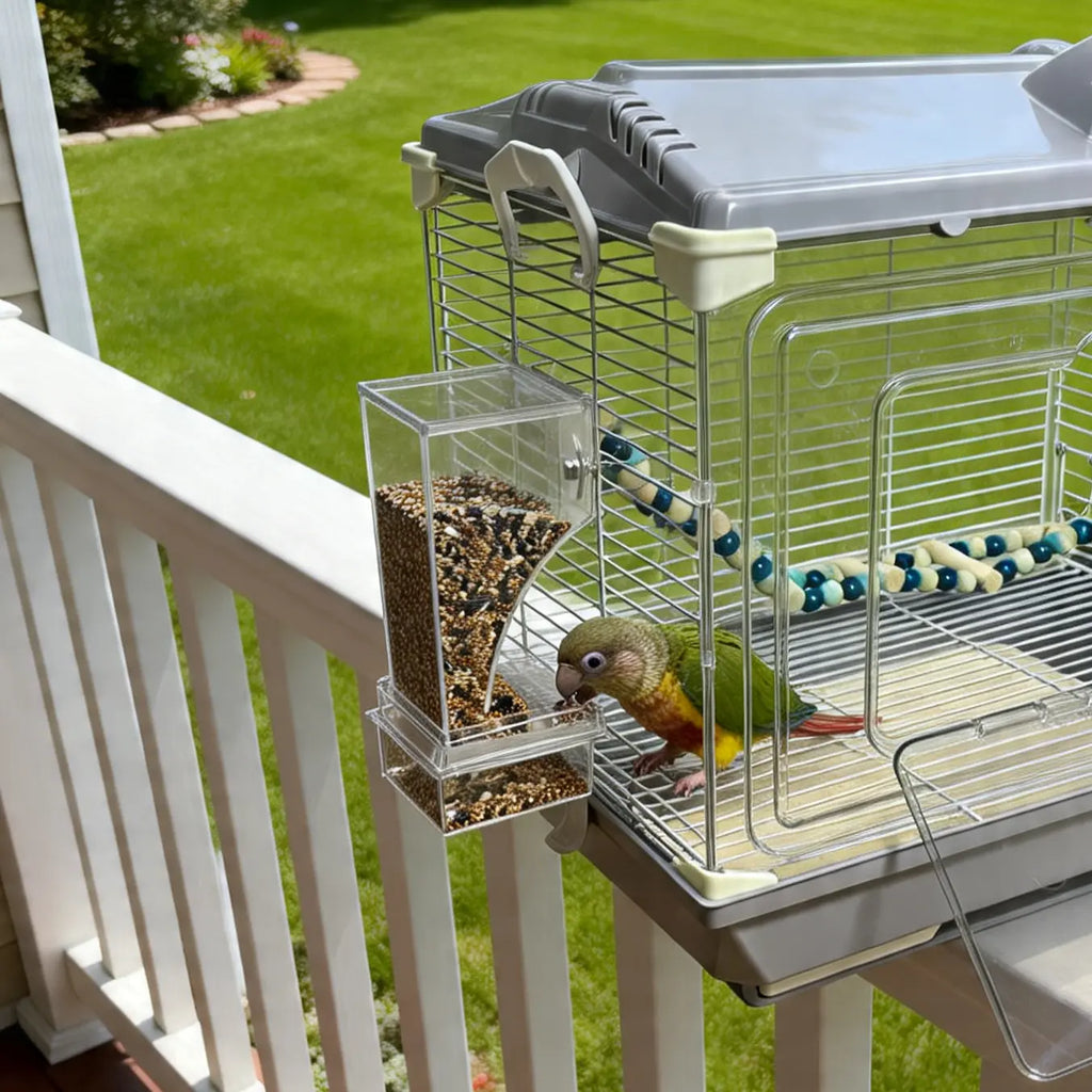 【Summbervibes】Bird Feeder Parrot No Mess No Drill Automatic Cage Feeder Dispenser Clear Seed Container for Small Medium Birds Parakeet Cockatiel Canary Lovebird Conure Cockatoo Transparent Material Easy Installation High Cost-Effective for Bird Lovers