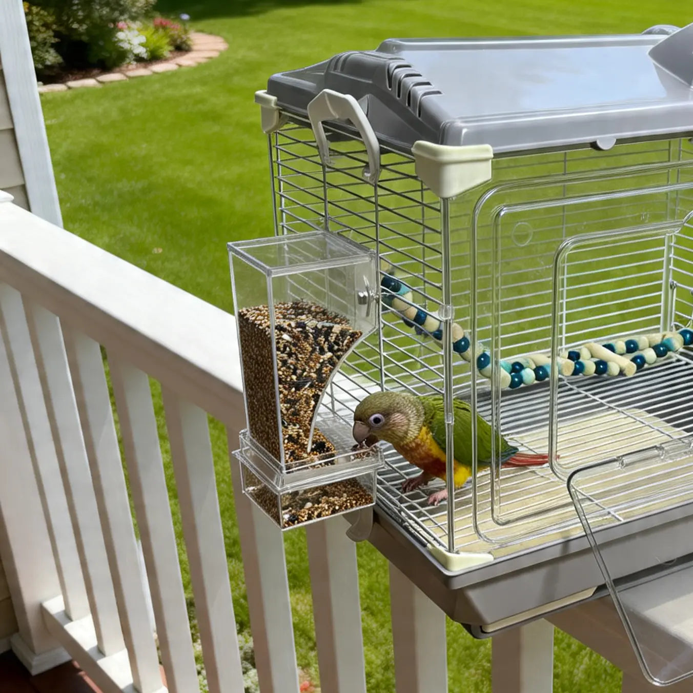【Summbervibes】Bird Feeder Parrot No Mess No Drill Automatic Cage Feeder Dispenser Clear Seed Container for Small Medium Birds Parakeet Cockatiel Canary Lovebird Conure Cockatoo Transparent Material Easy Installation High Cost-Effective for Bird Lovers