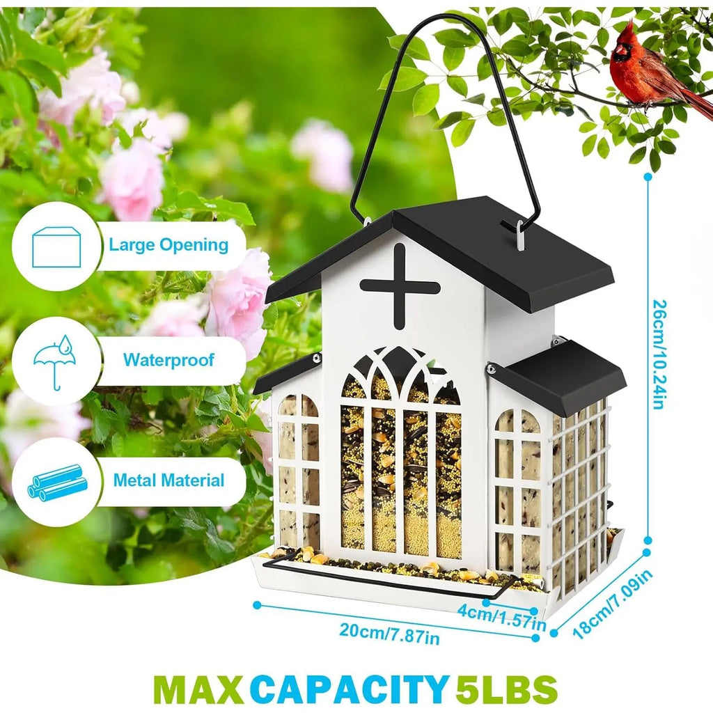 Wildpark 5LB Church Metal Hanging Bird Feeder for Outdoors, Weatherproof Suet Feeders for outside Hanging, Large Bird Feeders Great for Attracting Finch, Woodpecker and More Wild Birds-White