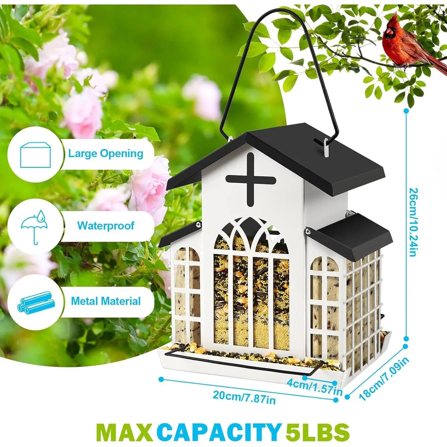 Wildpark 5LB Church Metal Hanging Bird Feeder for Outdoors, Weatherproof Suet Feeders for outside Hanging, Large Bird Feeders Great for Attracting Finch, Woodpecker and More Wild Birds-White