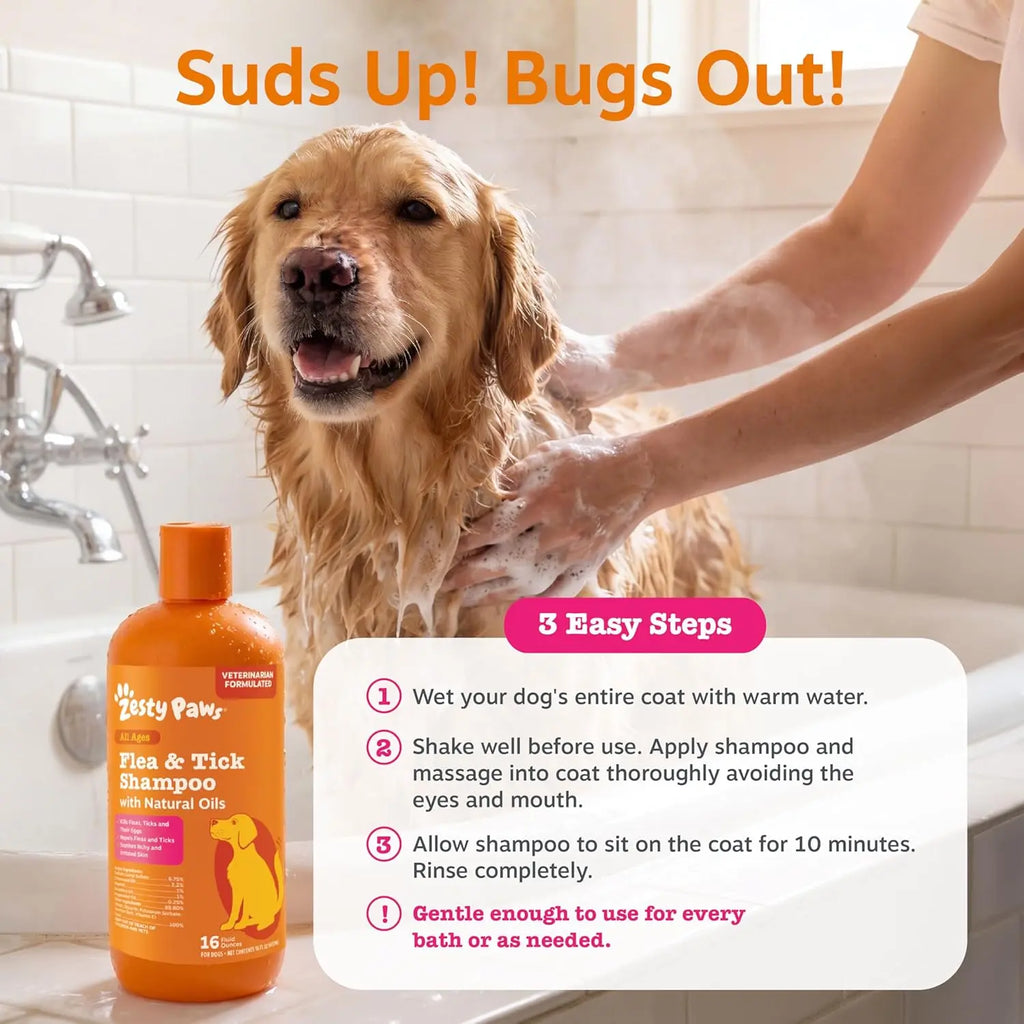 Transform Bath Time into Bliss with Zesty Paws Natural Flea and Tick Removal Shampoo for Dogs - 16 Fl Oz of Soothing Cedarwood and Peppermint Formula for Healthy Skin and Coat