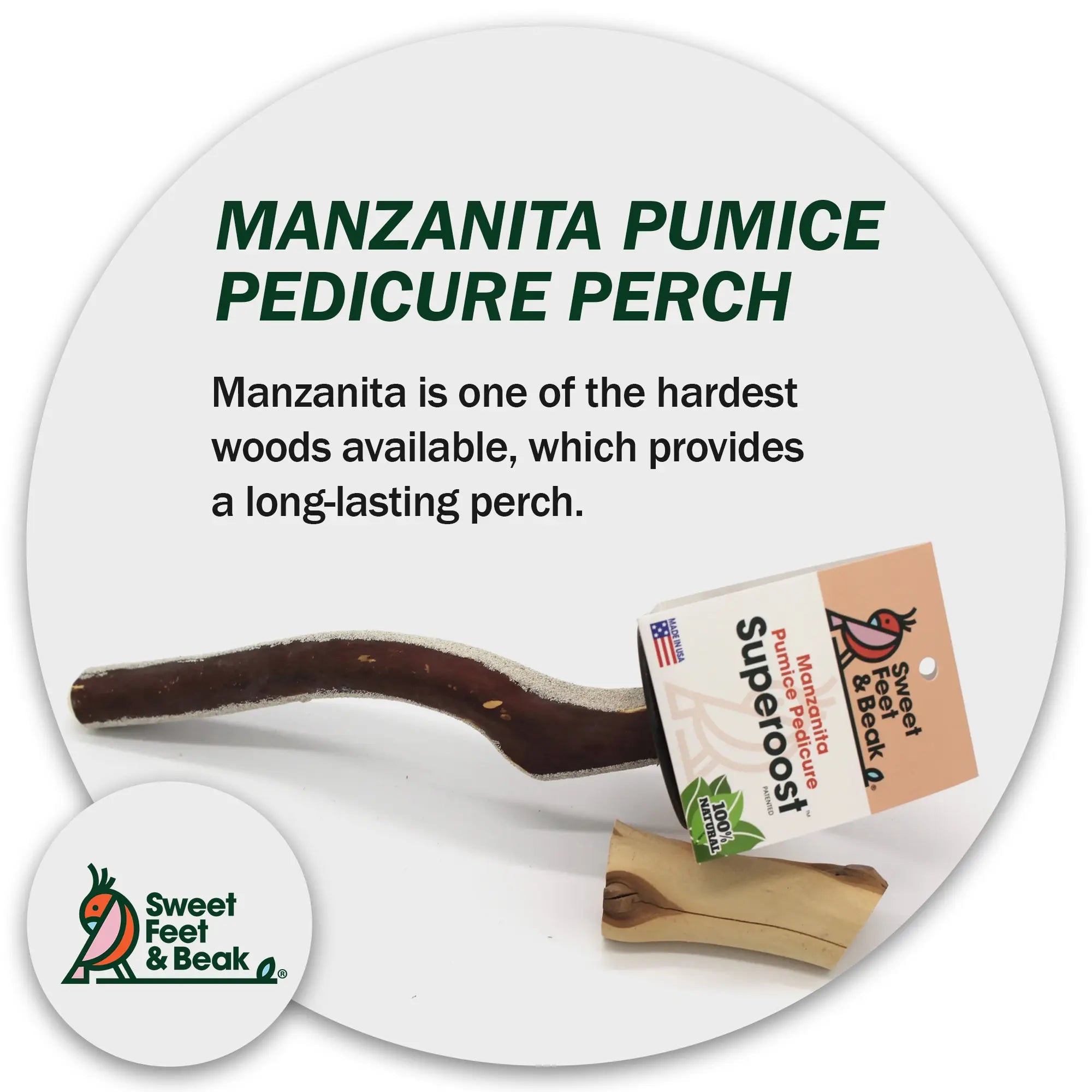 Superoost Manzanita Pumice Pedicure Perch - Easy Install Bird Cage Accessories for Healthy Feet, Small Birds, Nails & Beak - Natural XL Bird Perch 14"