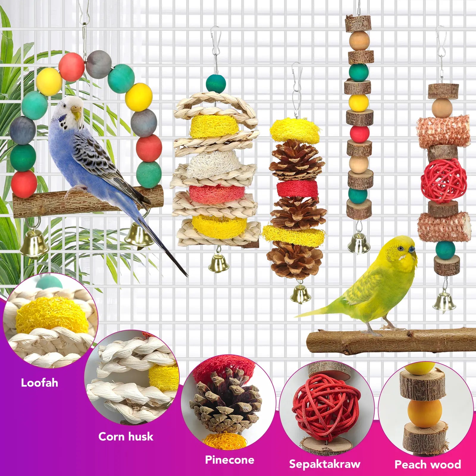 7 Pcs Natural Wood Bird Toy & Perch for Parakeets, Cockatiel & Lovebird, Budgie Play Accessory for Small Parrots Indoor Cage