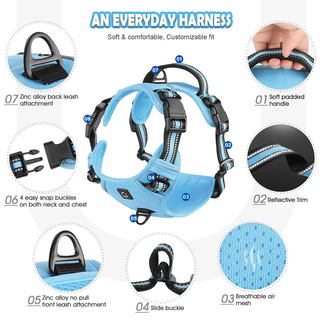 Durable Reflective Dog Harness with No-Pull Design, Adjustable Soft-Padded Vest, Dual Leash Clips, and Easy-Control Handle for Large Dogs
